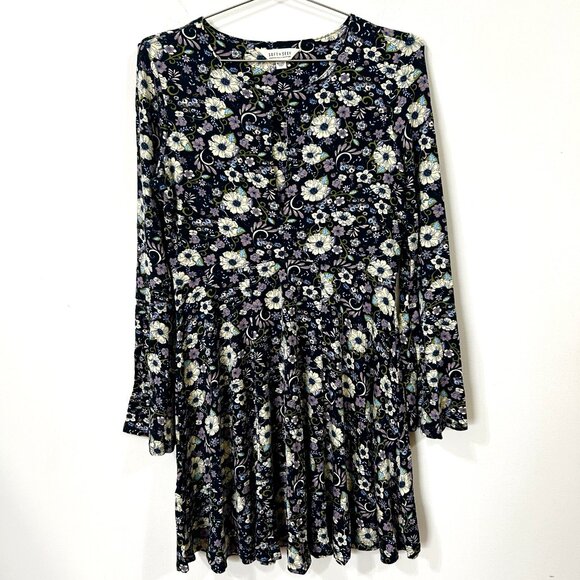 AEO SOFT & SEXY Dress S Floral Knit Navy Fit & Flare Bell LS Keyhole Flowy Cut - Picture 1 of 12